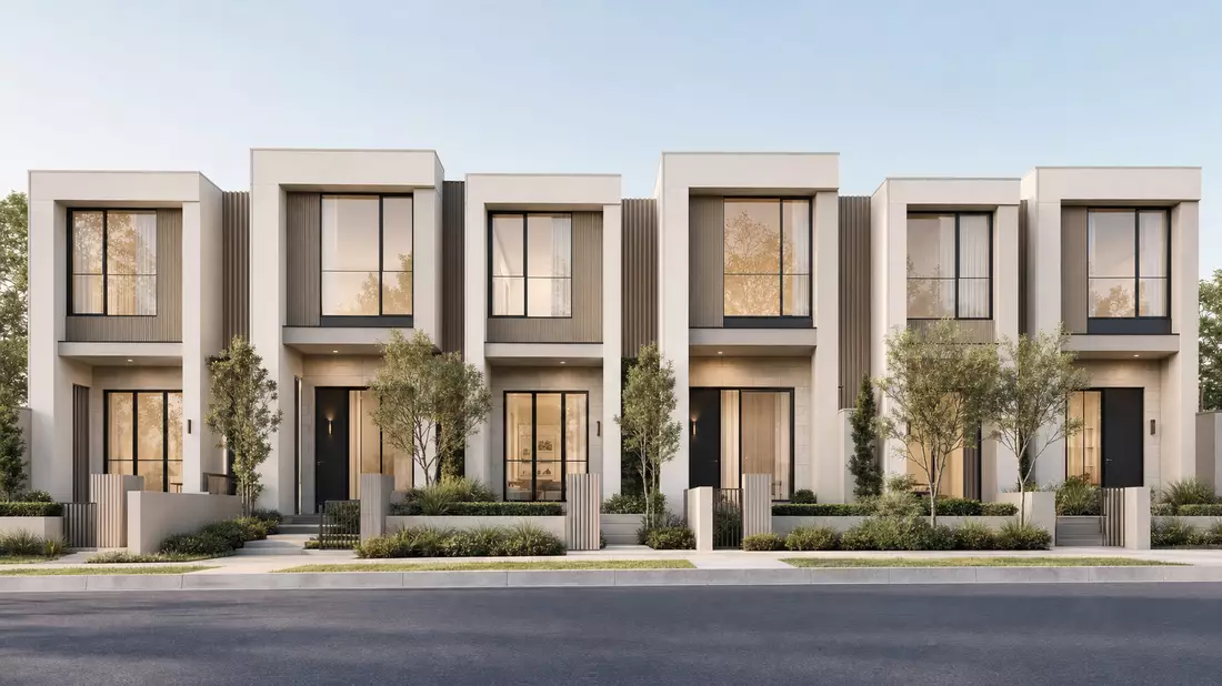 3D-Architekturvisualisierung moderner minimalistischer Reihenhausfassaden