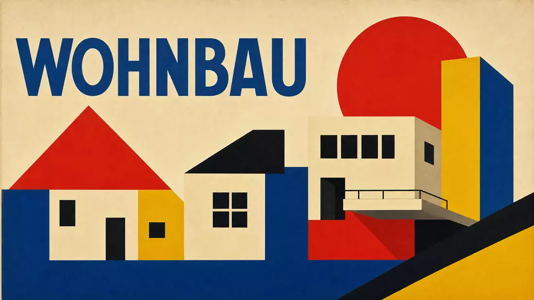 Bauhaus-Grafikposter mit geometrischen Häusern und großem Schriftzug WOHNBAU