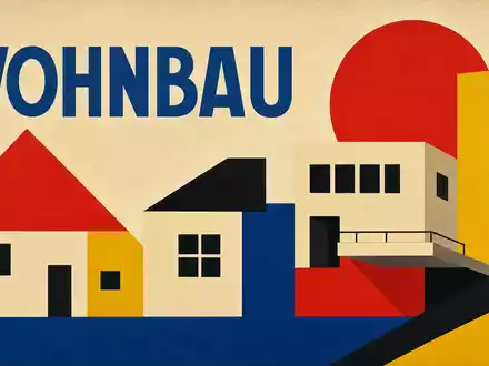 NVR Inc. US62944T1051 gestaltet Bauhaus-Poster mit geometrischen Hausformen und der Aufschrift WOHNBAU in Primärfarben - Foto: THN