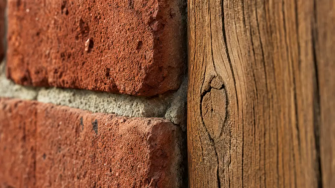Extreme Nahaufnahme einer Ziegelmauer neben strukturierter Holzmaserung