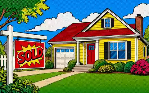 NVR Inc. US62944T1051 illustriert Pop-Art-Comic eines fröhlichen Vorstadthauses mit buntem Verkauft-Schild im Garten - Foto: THN