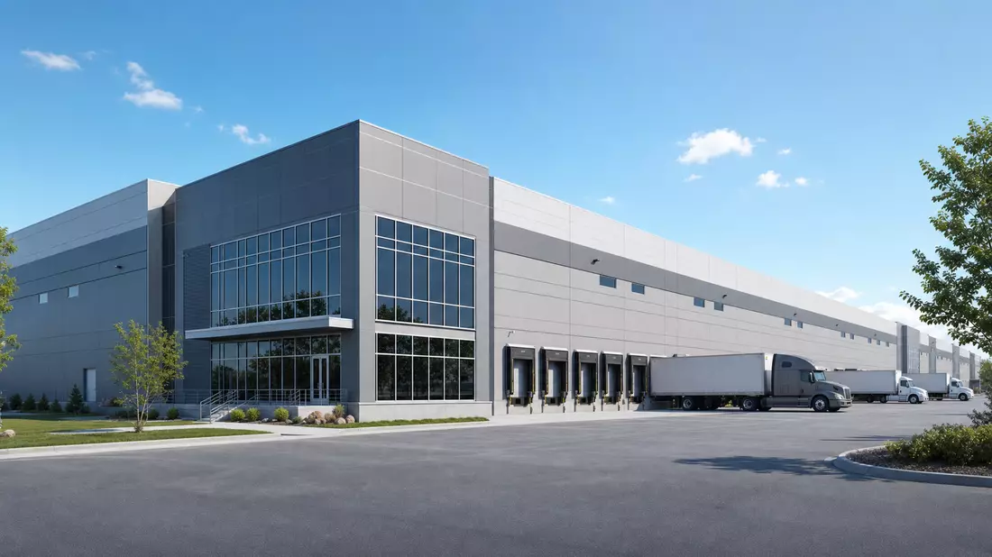Architektonische Visualisierung eines großen Logistikzentrums mit Lastwagen an Verladerampen