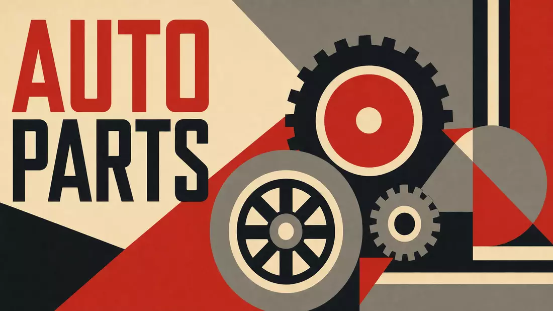 Modernistisches Poster mit geometrischen Zahnrädern und großer Typografie AUTO PARTS