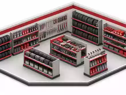 O'Reilly Automotive (US67103H1077) Aktienbild: isometrisches 3D-Rendering eines Regalgangs mit generischen Autoteilen und Werkzeugen - Foto: THN