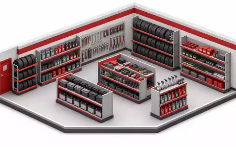 O'Reilly Automotive (US67103H1077) Aktienbild: isometrisches 3D-Rendering eines Regalgangs mit generischen Autoteilen und Werkzeugen - Foto: THN