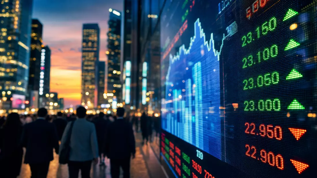 Digitale Börsenkurstafel mit Charts und Zahlen vor beleuchteter Skyline bei Dämmerung