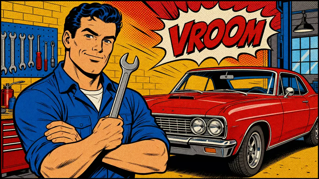 Comic-Illustration eines lächelnden Mechanikers mit Schraubenschlüssel neben einem roten Oldtimer