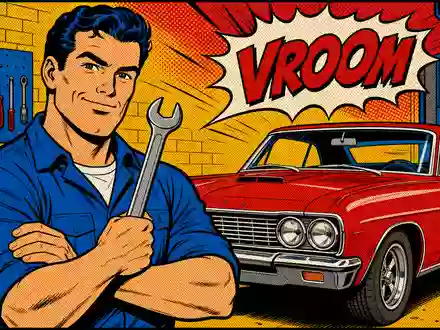 O'Reilly Automotive (US67103H1077) Aktienbild: Pop-Art-Comic-Illustration eines Mechanikers mit Schraubenschlüssel neben einem roten Auto - Foto: THN