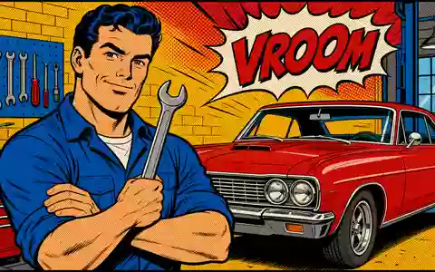 O'Reilly Automotive (US67103H1077) Aktienbild: Pop-Art-Comic-Illustration eines Mechanikers mit Schraubenschlüssel neben einem roten Auto - Foto: THN