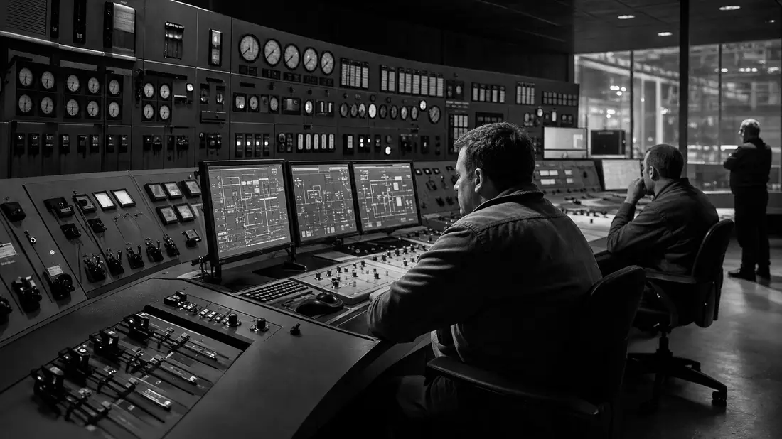 Schwarz-Weiß-Reportagefoto eines Kraftwerk-Kontrollraums mit Technikern an Bildschirmen