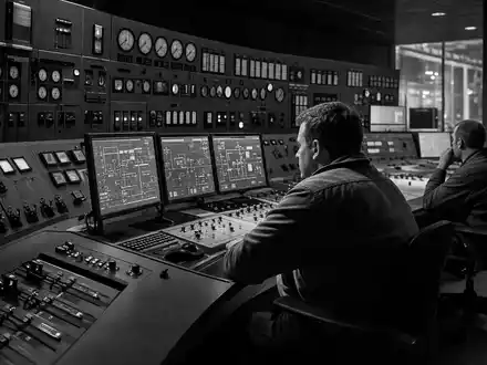 NRG Energy Inc. US6293775085 dargestellt als Schwarz-WeiĂ-Reportage eines generischen Kraftwerk-Kontrollraums mit Technikern - Foto: THN