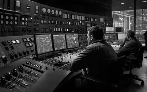 NRG Energy Inc. US6293775085 dargestellt als Schwarz-Weiß-Reportage eines generischen Kraftwerk-Kontrollraums mit Technikern - Foto: THN