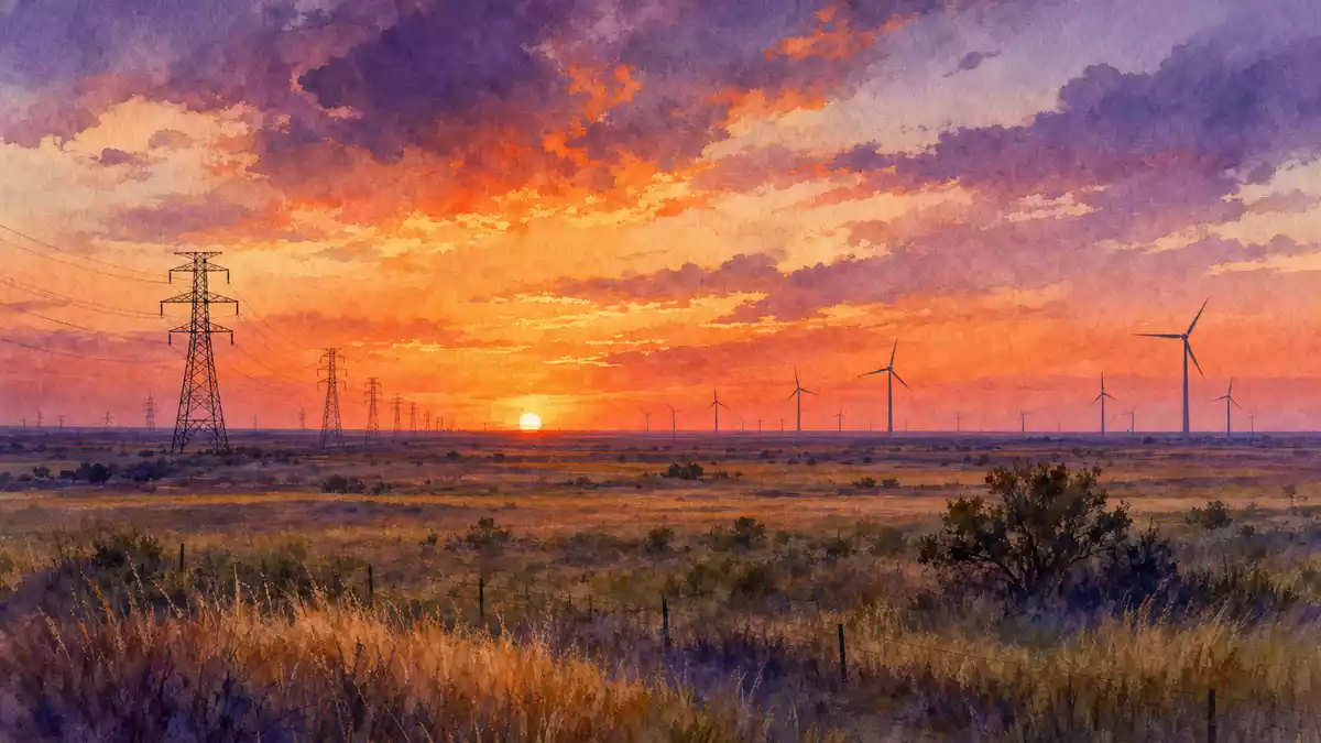 Aquarellillustration einer weiten Texas-Landschaft mit Strommasten und Windturbinen bei Dämmerung