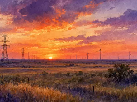 NRG Energy Inc. US6293775085 als Aquarellmalerei einer weiten Texas-Landschaft mit Strommasten und Windturbinen bei Sonnenuntergang - Foto: THN