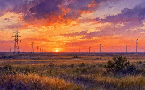 NRG Energy Inc. US6293775085 als Aquarellmalerei einer weiten Texas-Landschaft mit Strommasten und Windturbinen bei Sonnenuntergang - Foto: THN