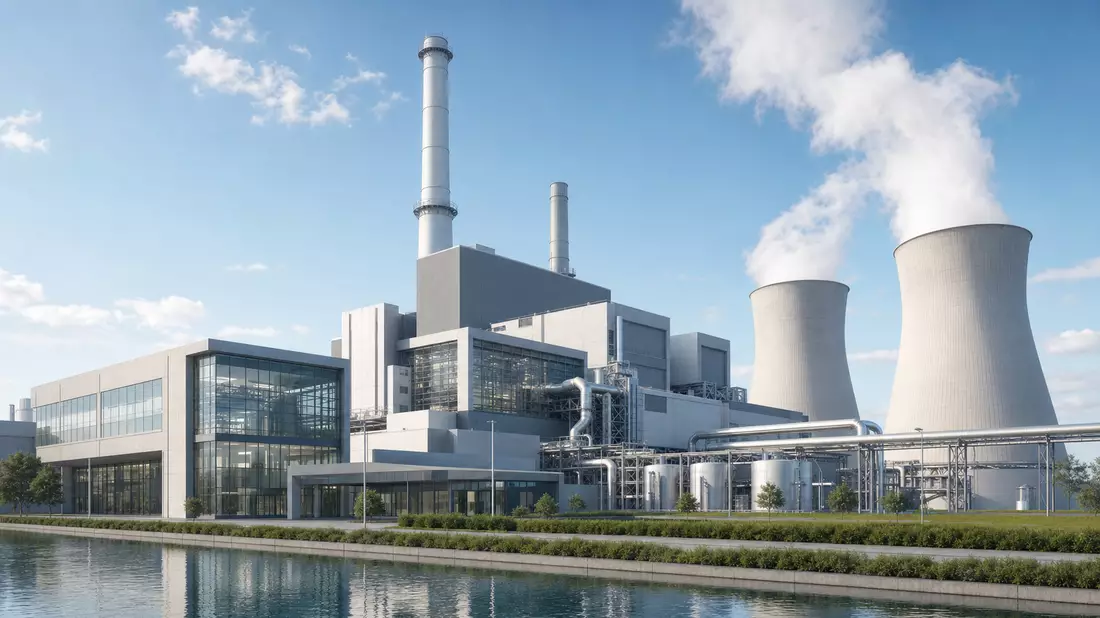 Architektur-Rendering eines modernen generischen Kraftwerks mit Kühltürmen und Glasfassade