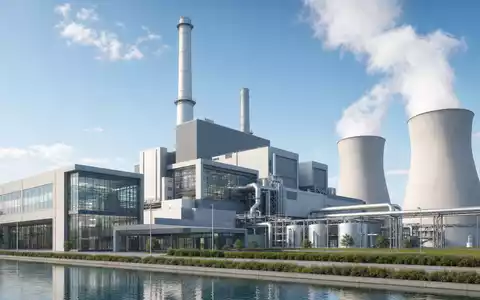 NRG Energy Inc. US6293775085 präsentiert als sauberes Architektur-Render eines modernen generischen Kraftwerkgebäudes am Wasser - Foto: THN