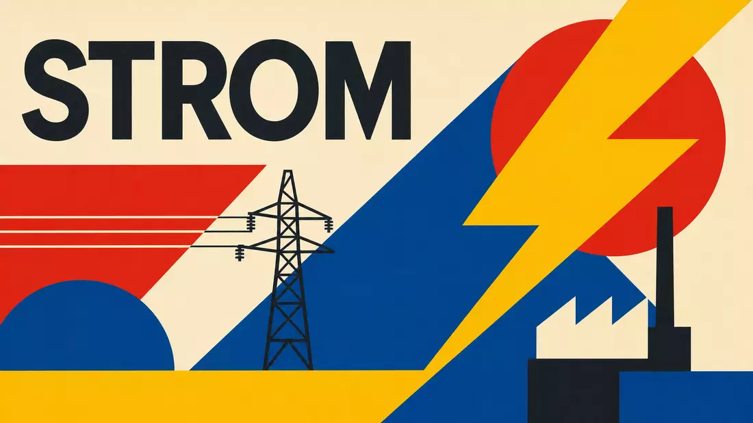Bauhaus-Poster mit geometrischen Formen, Strommast und dem großen Schriftzug STROM
