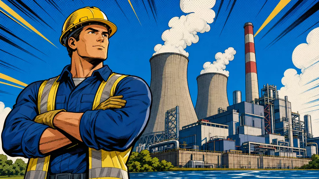 Pop-Art-Comic-Illustration eines Kraftwerksarbeiters mit verschränkten Armen vor Kraftwerk