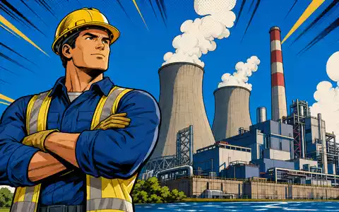 NRG Energy Inc. US6293775085 als Pop-Art-Comic mit heldenhaftem Kraftwerksarbeiter vor generischem Kraftwerk - Foto: THN
