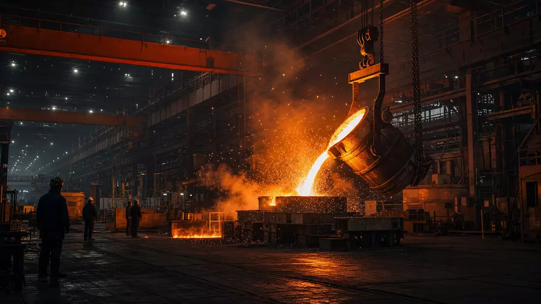 Fotorealistisches Stahlwerk mit glühender Schmelze, Funkenflug und Arbeitern in dunkler Industriehalle