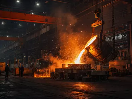 Nucor Corporation US6703461052 zeigt fotorealistisches Stahlwerk mit glühendem, fließendem Metall und Funken in Werkshalle - Foto: THN