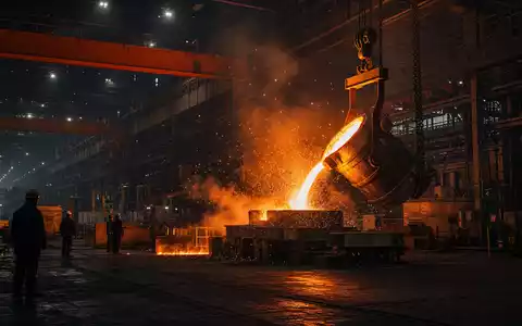 Nucor Corporation US6703461052 zeigt fotorealistisches Stahlwerk mit glühendem, fließendem Metall und Funken in Werkshalle - Foto: THN