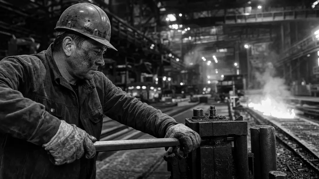 Schwarzweißes Reportagefoto eines Stahlarbeiters mit Helm an einer Maschine in der Fabrikhalle