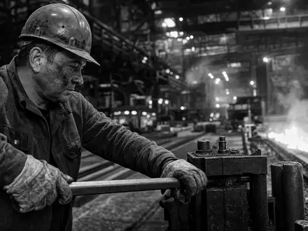Nucor Corporation US6703461052 dargestellt als Schwarzweiß-Reportagefoto eines Stahlarbeiters an Maschine in Werkshalle - Foto: THN