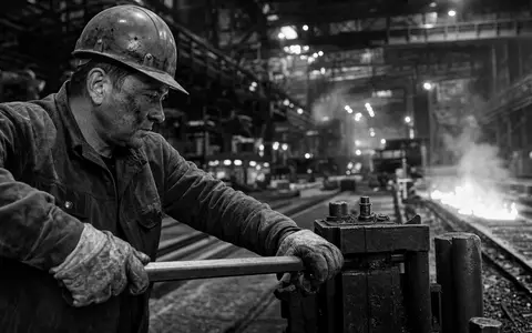 Nucor Corporation US6703461052 dargestellt als Schwarzweiß-Reportagefoto eines Stahlarbeiters an Maschine in Werkshalle - Foto: THN