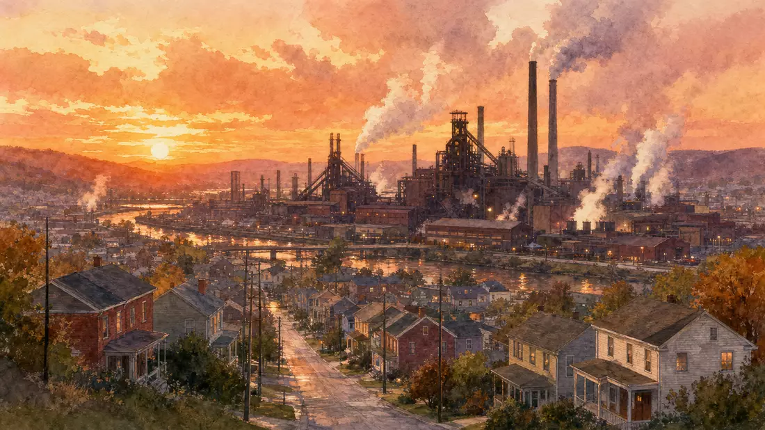 Aquarellmalerei einer Fabrikstadt mit Stahlwerk, Schornsteinen und Wohnhäusern bei warmem Sonnenuntergang