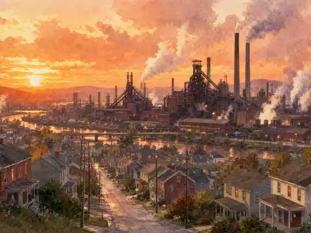 Nucor Corporation US6703461052 als Aquarellgemälde einer amerikanischen Fabrikstadt mit Stahlwerk bei Sonnenuntergang - Foto: THN
