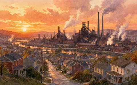 Nucor Corporation US6703461052 als Aquarellgemälde einer amerikanischen Fabrikstadt mit Stahlwerk bei Sonnenuntergang - Foto: THN