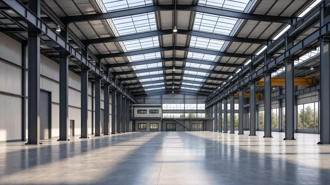 Architektonisches 3D-Render einer modernen Industriehalle mit Stahlkonstruktion und Oberlichtern