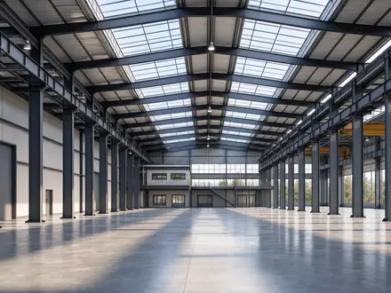 Nucor Corporation US6703461052 illustriert durch Architektur-Render einer modernen Stahlwerkshalle mit hohen Stahlträgern und Oberlichtern - Foto: THN