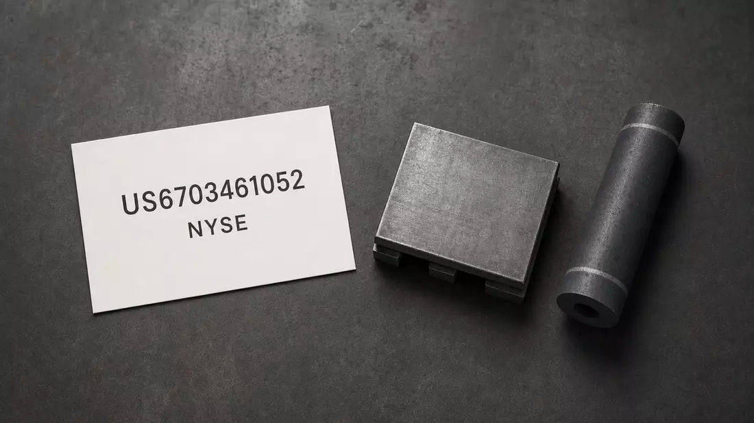 Flatlay mit weißer Karte mit ISIN und NYSE-Text neben Miniatur-Stahlbramme und Elektrodenstab