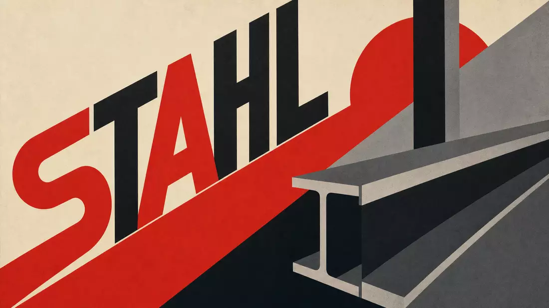 Bauhaus-Poster mit geometrischen roten und schwarzen Formen sowie dem Wort STAHL und Stahlträger-Symbol