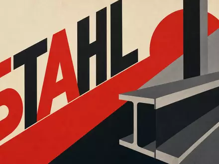 Nucor Corporation US6703461052 im Bauhaus-Poster-Stil mit geometrischen Formen und dem Schriftzug STAHL - Foto: THN