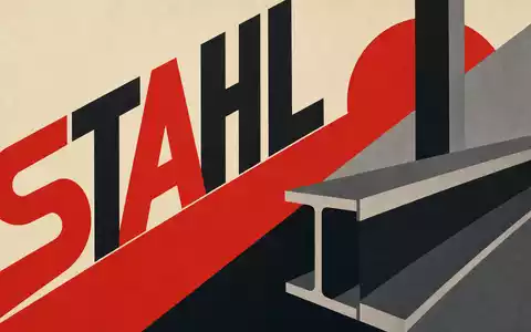 Nucor Corporation US6703461052 im Bauhaus-Poster-Stil mit geometrischen Formen und dem Schriftzug STAHL - Foto: THN