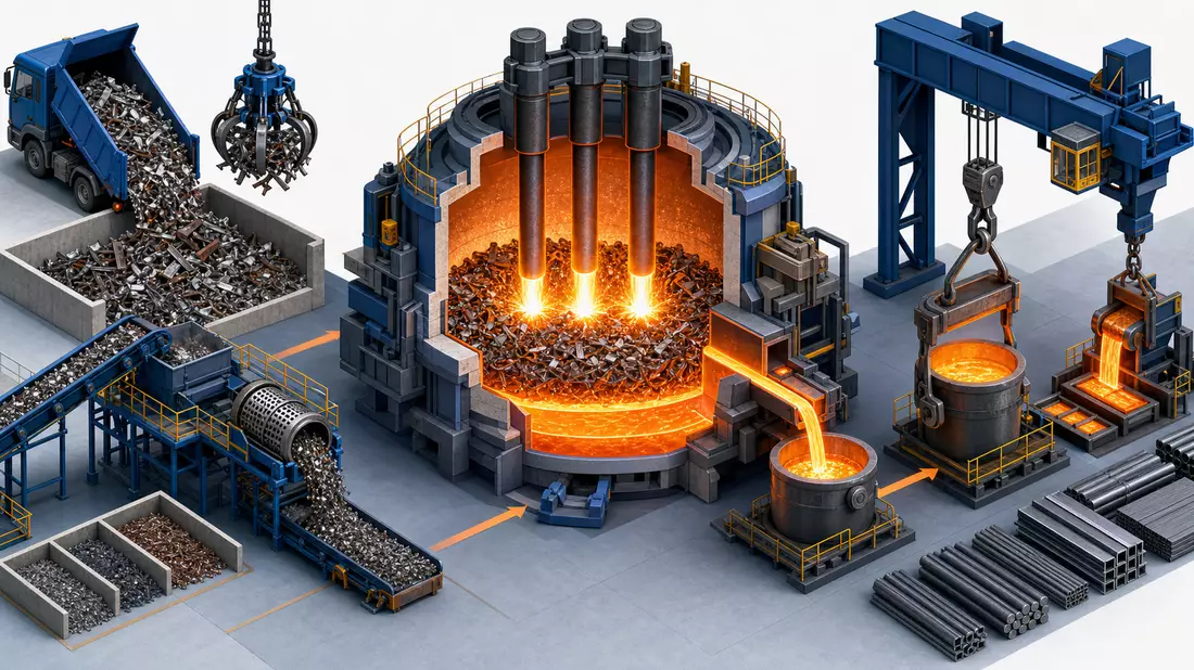 Isometrische 3D-Illustration eines Elektrolichtbogenofens beim Recycling von Schrott zu Stahl