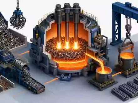 Nucor Corporation US6703461052 als isometrische 3D-Illustration des Elektrolichtbogenofen-Recyclingprozesses für Stahlschrott und Rohstahl - Foto: THN