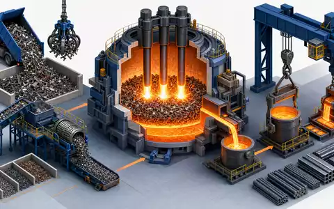 Nucor Corporation US6703461052 als isometrische 3D-Illustration des Elektrolichtbogenofen-Recyclingprozesses für Stahlschrott und Rohstahl - Foto: THN