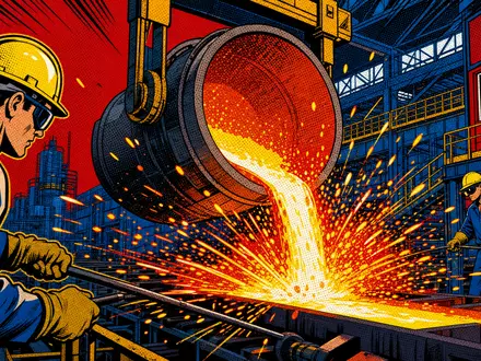 Nucor Corporation US6703461052 dargestellt im Pop-Art-Comic-Stil mit Stahlarbeitern und sprühenden Funken beim Gießen - Foto: THN