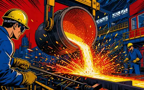 Nucor Corporation US6703461052 dargestellt im Pop-Art-Comic-Stil mit Stahlarbeitern und sprühenden Funken beim Gießen - Foto: THN