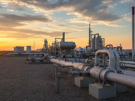 Fotorealistische Erdgas-Kompressorstation im Abendlicht symbolisiert Williams Companies (ISIN US9694571004) als führenden Midstream-Infrastrukturbetreiber in Nordamerika - Foto: THN