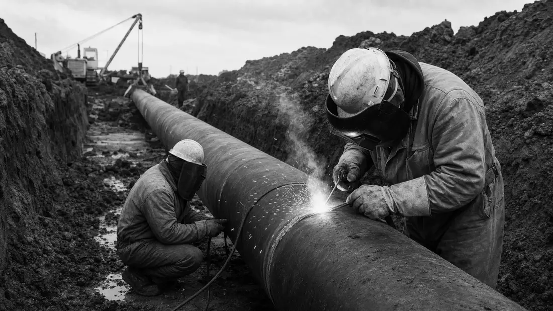 Schwarzweiß-Reportage von Pipeline-Schweißarbeiten, Williams Companies US9694571004