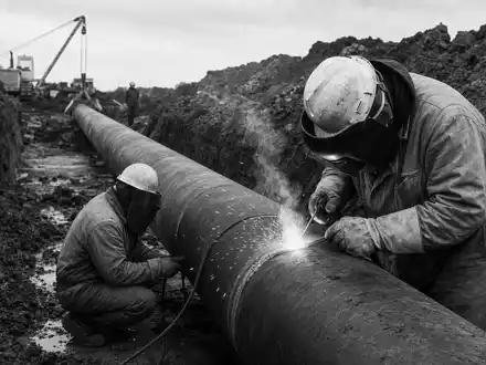 Schwarzweiß-Reportagefoto von schweißenden Pipeline-Bauarbeitern zeigt die harte Infrastrukturarbeit von Williams Companies, ISIN US9694571004, im Erdgassektor - Foto: THN