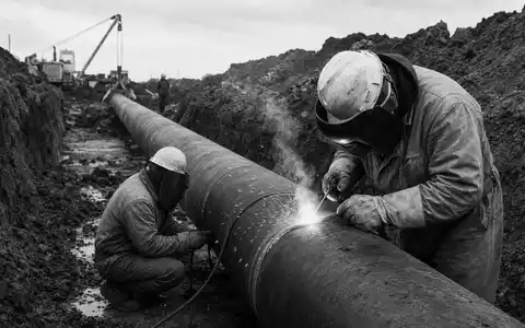 Schwarzweiß-Reportagefoto von schweißenden Pipeline-Bauarbeitern zeigt die harte Infrastrukturarbeit von Williams Companies, ISIN US9694571004, im Erdgassektor - Foto: THN