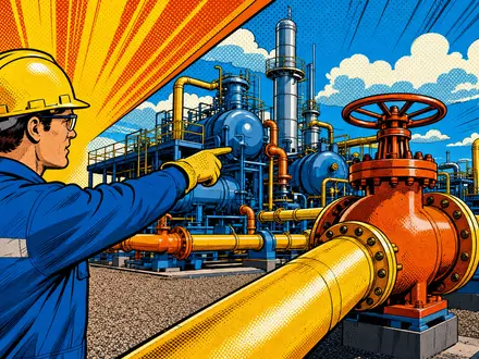 Pop-Art-Comicszene mit Pipeline-Arbeiter und Ventilstation zeigt humorvoll den Erdgassektor von Williams Companies, ISIN US9694571004 - Foto: THN