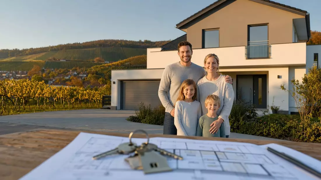 Familie mit Bauplan und Schlüsseln vor Eigenheim in Weinberglandschaft Württemberg